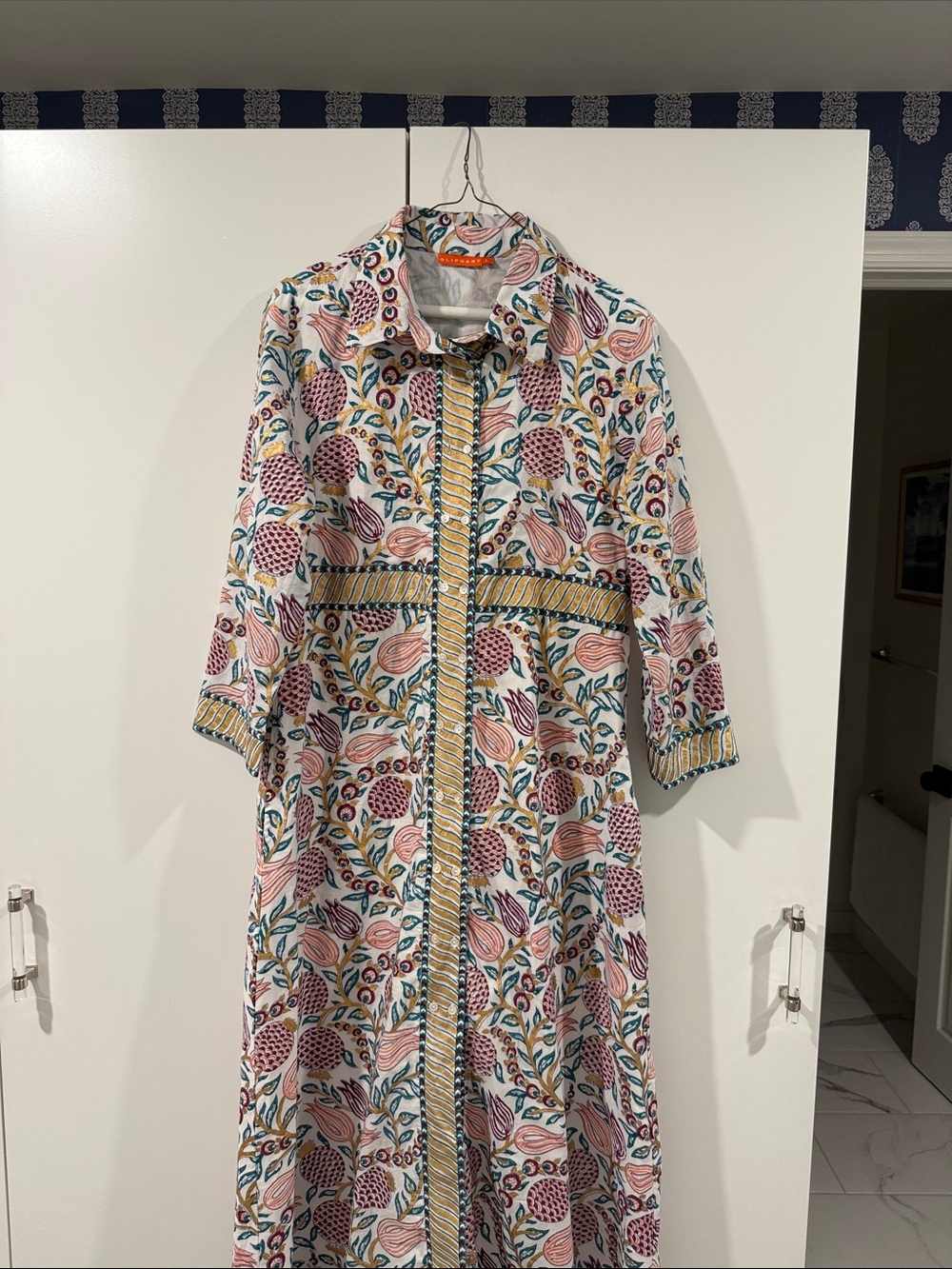 Oliphant White Floral-Print Button Maxi with Pink & Teal Accents